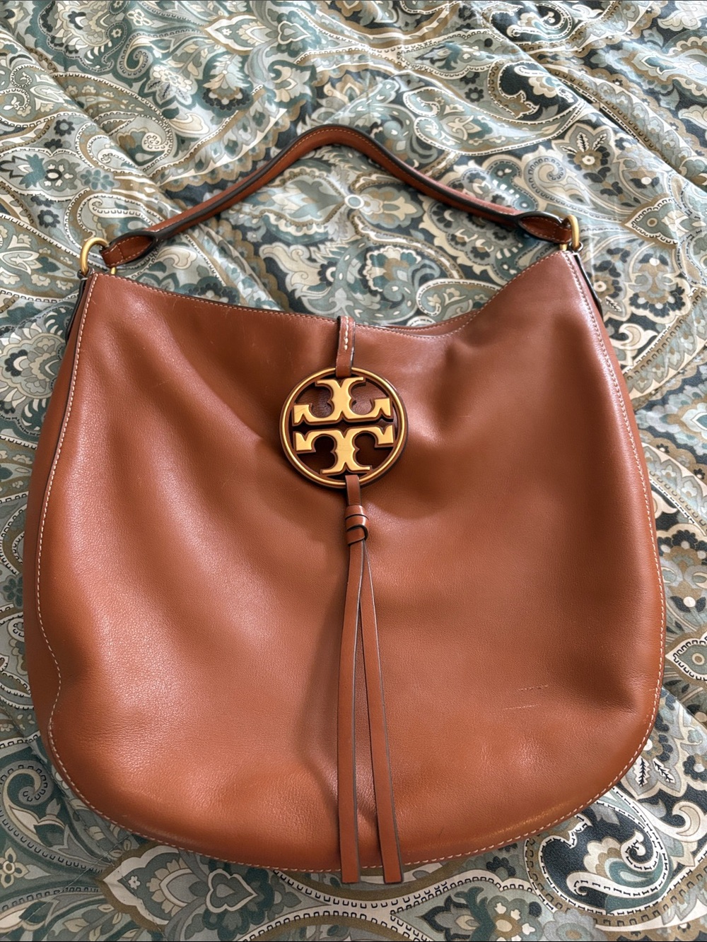 Tory Burch Brown Leather Shoulder Hobo with Logo Medallion used one season.